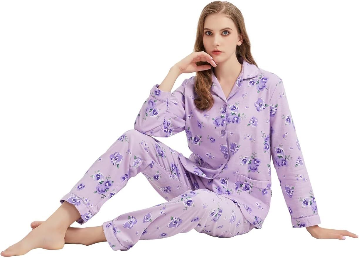 GLOBAL Flannel Pajamas for Women 2-Piece Comfy and Cozy Flannel Pj Set Cotton Loungwear