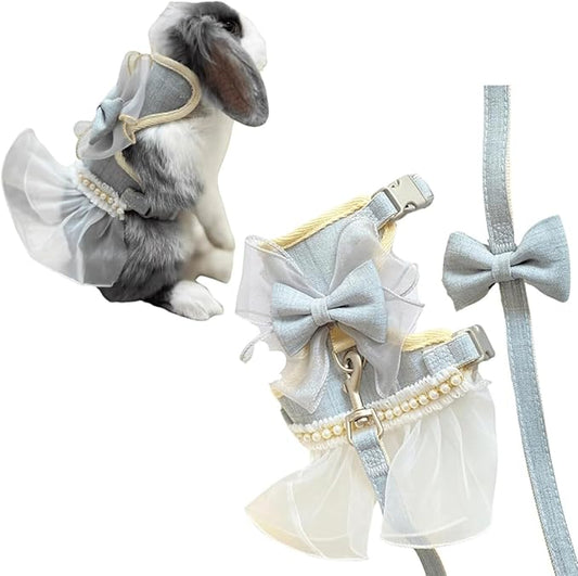 Rabbit Harness and Leash for Walking Escape Proof - Cute Skirt Mesh Breathable Bunny Vest Harness Outdoor Camping Hiking Training - Also Suit for Small Animals (Grey,L)