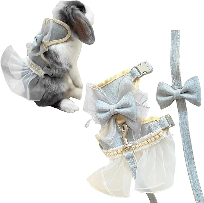 Rabbit Harness and Leash for Walking Escape Proof - Cute Skirt Mesh Breathable Bunny Vest Harness Outdoor Camping Hiking Training - Also Suit for Small Animals (Grey,M)