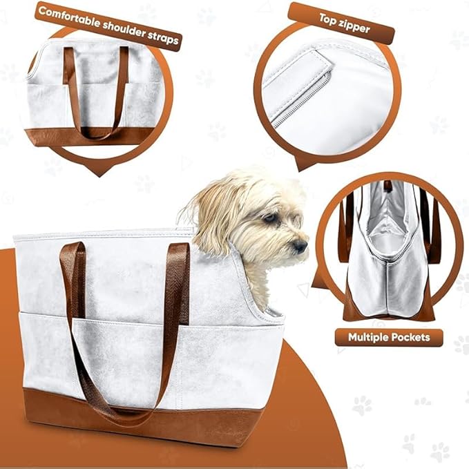 Premium Pet Carrier Tote Bag with Multiple Pockets, Brown/White PU Leather, 18.5L x 7W x 11.5H inches (White)