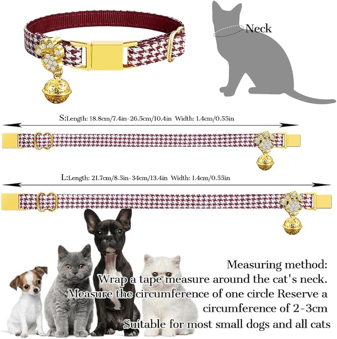 Personalized Breakaway Cat Collars - Magnetic Buckle, Bell - Safety Quick Release, Customized for Girls & Boys Cats - Houndstooth