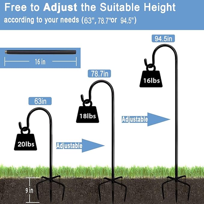 Adjustable Shepherds Hook with 5 Prong Base,63 Inch Tall Heavy Duty Hanging Stakes for Plant Bird Feeder Solar Light Plant Hanger for Outdoor Garden Wedding Decor,Matte Black(2 Packs)