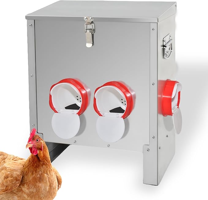 XKV Metal Automatic Chicken Feeder 30LBS with 4 Ports,No Feed Waste,All Seasons Support,Weather-Resistant and Animal-Proof,Suitable for Chicken,Geese,Ducks,Turkeys,Quails