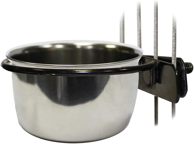 Stainless Steel Cup w/Holder - Durable Metal Mountable Food & Water Dish - Sugar Gliders, Hedgehogs, Chinchillas, Rats, Ferrets, Guinea Pigs, Rabbits, Squirrels, Birds (5 oz., Silver)