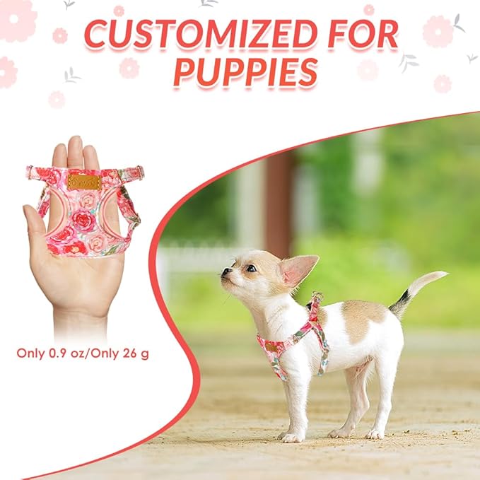 SlowTon No Pull Dog Harness with Leash - Soft Lightweight Floral Pattern Puppy Harness, Adjustable Pet Harness for Small Medium Dogs (Pink Rose XXS)