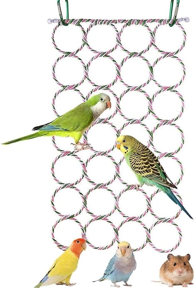 Bird Rat Climbing Rope Net Bird Swing, Parrot Cage Toys,Small Animal Activity Toy for Gerbil,Swing Hanging Play with Mirror for Macaw African Greys Parakeet Cockatoo Lovebirds (Bird Perch)