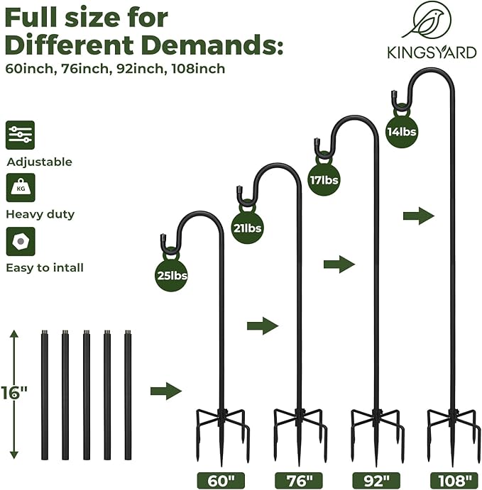 Kingsyard 2 Pack Adjustable Shepherd Hooks for Outdoor - 92" Heavy Duty Bird Feeder Pole with 5 Prong Base, Hummingbird Feeder Stand, Garden Plant, Weddings Decor, Halloween Solar Light Lanterns