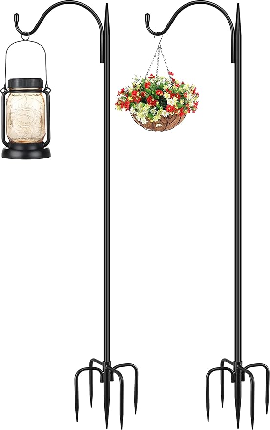 Gtongoko 47 inch Small Shepherds Hooks for Outdoor with 5 Prongs, Adjustable Bird Feeder Pole Garden Hooks for Hanging Lanterns, Plants Baskets, Hummingbird Feeders, 2 Pack