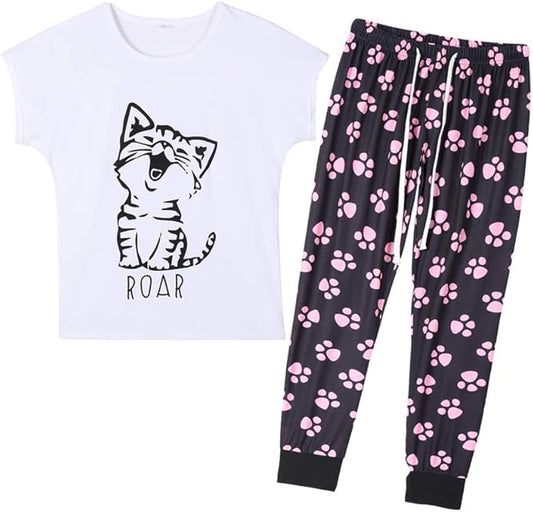 YIJIU Women's Summer Cute Cartoon Print Top and Pant Pajama Set Lounge Sleepwear