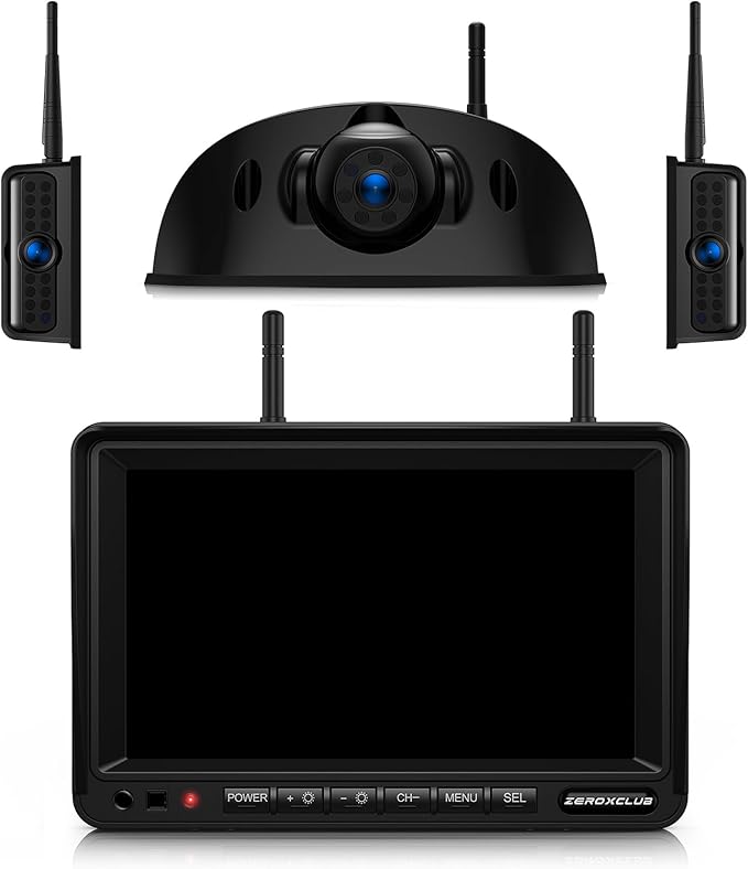 3-Camera Wireless RV Backup Camera System with 7-Inch Monitor, 1 Rear Sharkfin, 2 Side Cameras, DVR Monitor & IR Night Vision, IP69K Waterproof, Compatible with Furrion Pre-Wired RV Trailer