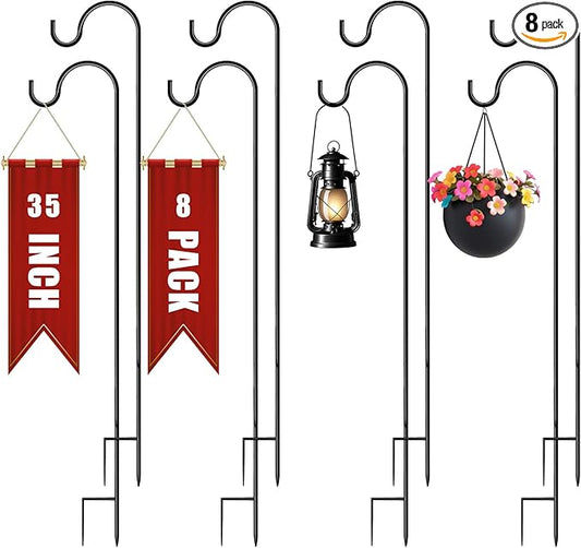 Shepherds Hooks for Outdoor 35Inch Garden Bird Feeder Pole with 2 Prongs Base for Hanging Flower Basket Plant Pot Solar Lantern Light Wind Chime Hanger for Wedding Decor 8 Pack