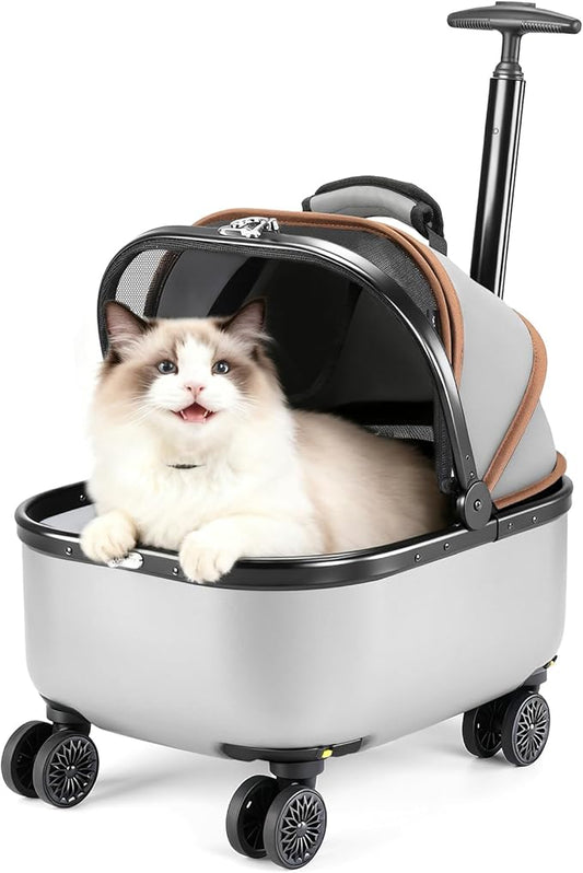 Lekereise Cat Carrier with Wheels (Gray), 180° Wide Open Rolling Cat Carrier for Road Trips, Car Trunk-Fit & Stable Base for Long-Distance Travel, Portable Pet Carrier for Cats Up to 15 lbs