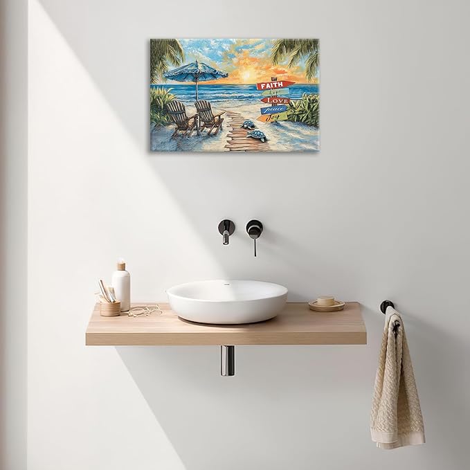 Beach Ocean Bathroom Pictures Wall Art, Seaside Coastal Bathroom Wall Decor, Sunrise Framed Painting Canvas Artwork for Bedroom Living Room Decorations 24"L x 16"W