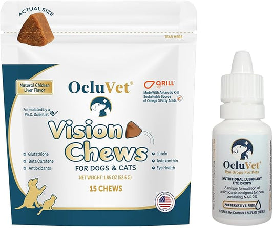 Bundle Eye Supplements for Dogs & Cats | Vision Chews with Omega-3 for All Ages - Includes 15 Chicken Liver Flavored Chews & Pet Eye Drops, 16 mL | Antioxidants & 2% NAC for Cataracts