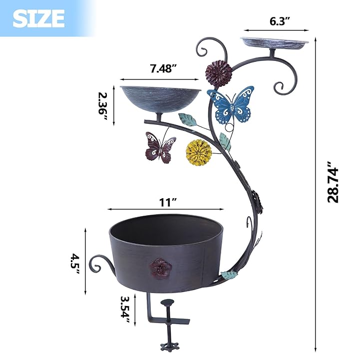 Deck Bird Bath, Bird Bath and Bird Feeder, Flower Planting Pedestal, Deck Mounted Bird Bath, for Garden Balcony Patio Deck Railing Decoration