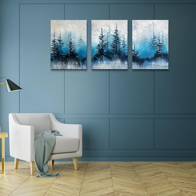 TTHYUEWS Boho Wall Art For Living Room Canvas Wall Decor For Bedroom Forest Landscape Wall Pictures Blue Tree Abstract Wall Paintings Artworks Ready To Hang Office Aesthetic Wall Decoration 3 Piece