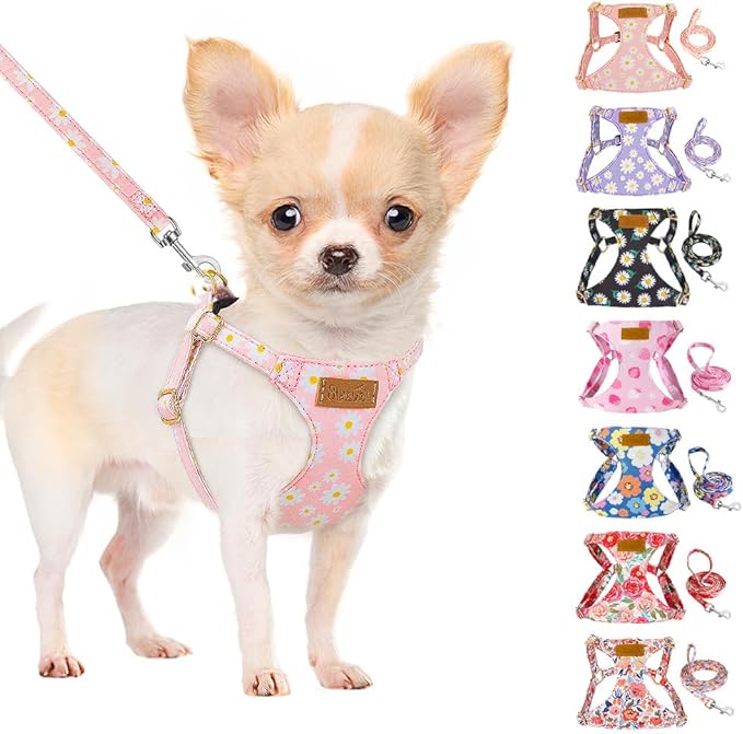 SlowTon No Pull Dog Harness with Leash - Soft Lightweight Floral Pattern Puppy Harness, Adjustable Pet Harnesses for Small Medium Dogs (Pink Daisy XS)