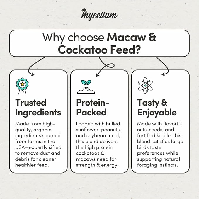 Mycelium Organic Macaw & Cockatoo Feed (5 LB Bag) | Organic Bird Seed for Large Pet Birds| High-Protein Seed, Pellet & Kibble Mix with Vitamins | Supports Digestion & Energy | USA-Made & Non-GMO