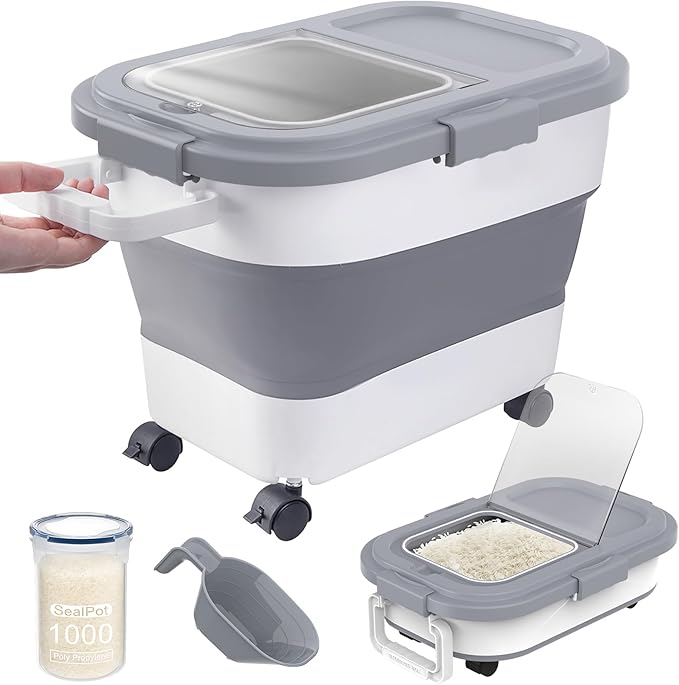 HOYTAMDA 20-30Lbs Rice Container,Collapsible Airtight Food Storage Containers with Wheels,Handle,Rice Storage Container with Small Bin and Scoop