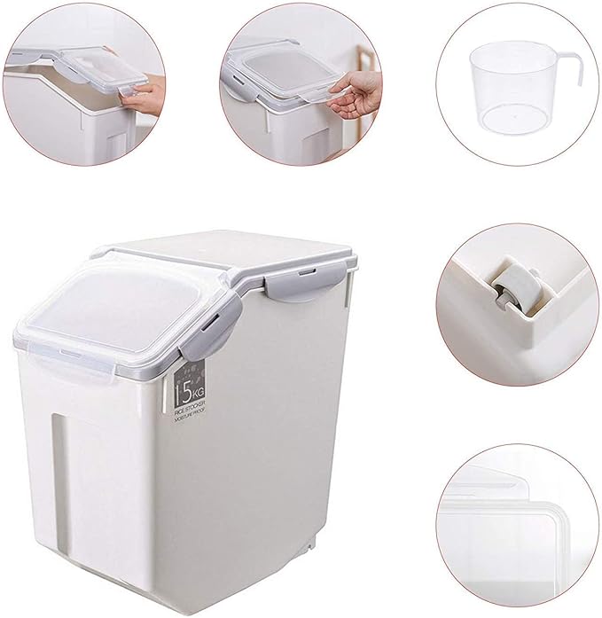 2-Pack Rice Storage Bins 15 Liter With PP Locking Lid, Large Food Storage Container with Wheels For Rice, Flour,Pet food