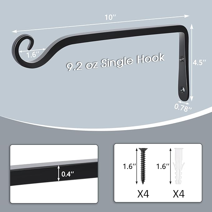 Gtongoko 2 Pack 10 Inch Metal Plant Hangers Wall Hooks for Hanging Plant Brackets, Outdoor Hooks for Hanging Bird Feeders, Flower Baskets, Lanterns, Wind Chinme, Solar Lamps