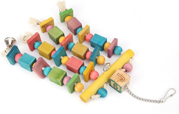 Parrot Hanging Chew Toy Bird Bite Swing with Colorful Wood Beads Bells for Parrot Macaw African Greys Cockatiels Cage Accessories (Hanging with Bell Toy)