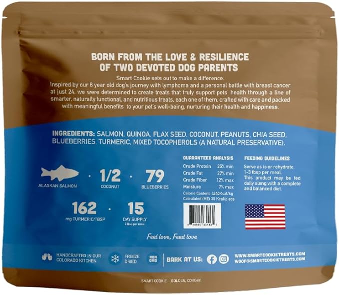 Smart Cookie Natural Dog Food Topper - Superfood - Salmon Dog Meal Mixer for All Ages - Food Topper for Picky Eaters and Boosting Nutrition - Non GMO, Made in The USA - 7 oz Bag (15 Day Supply)