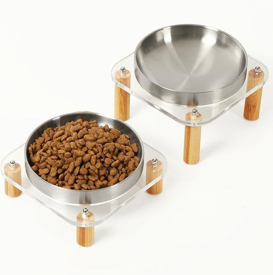 Elevated Cat Bowls for Indoor Cats – Raised Acrylic Cat Bowl Stand with 5.5 Inch Wide Stainless Steel Dishes, Pet Food Table Plate for Easy Feeding, Whisker Friendly(Silver,Set of 2)