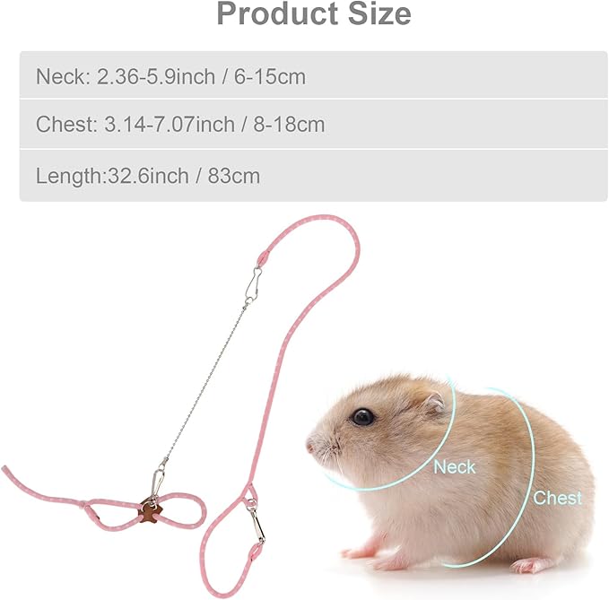 Hypeety Hamster Adjustable Training Lead Leash Nylon for Hamster Rat Squirrel Gerbil Pet Cage Playhouse Leashes Band Finder Collar Bell (Pink)
