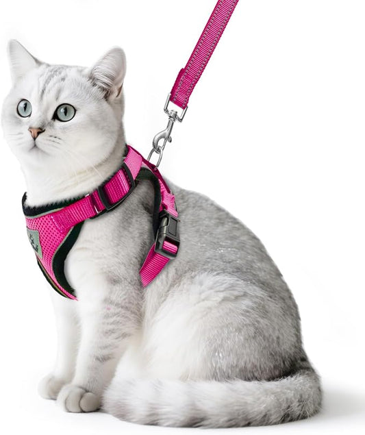 PUPTECK Cat Harness and Leash Set Escape Proof Reflective Cat Walking Harness Adjustable Soft Breathable Mesh Vest for Small Pets, Deep Pink, S