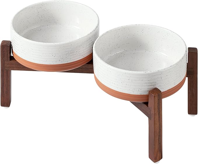 Ceramic 7.3inch Raised Double Dog Bowls Set with Acacia Wood Stand, Food & Water Bowls for Medium Breed Dogs, Weighted Pet Dishes(41oz, Vanilla White)
