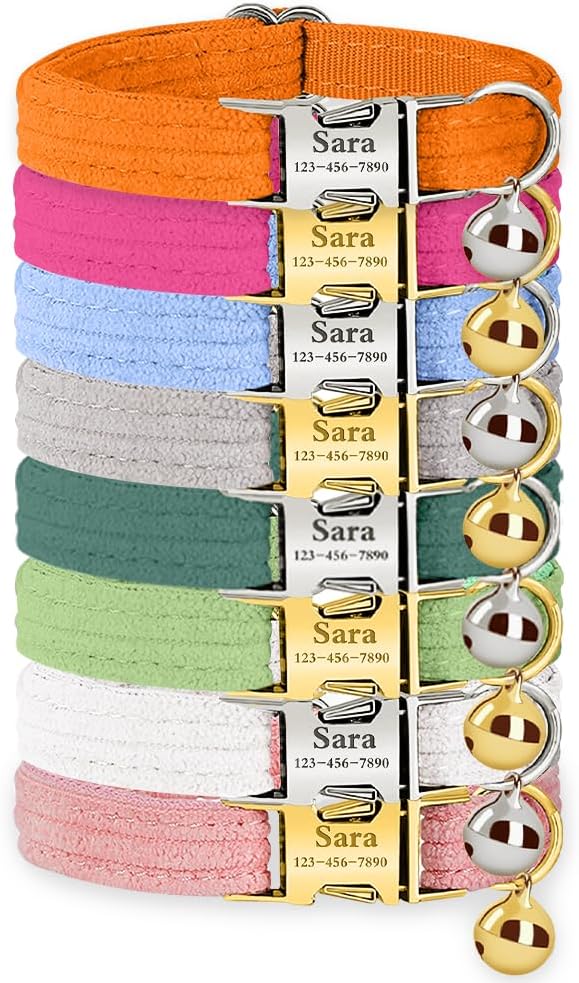 Personalized Cat Collar with Name Plate,Adjustable Tough Nylon Cat ID Collars with Bell,Customize Engraved Pet Name and Phone Number (Velvet Style C)