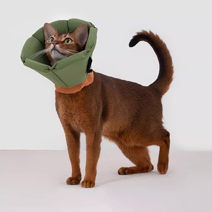 Cat Cone Collar - Soft Waterproof Elizabethan for Cats, Cute Green Flower Anti-Lick Recovery Collar, Adjustable Healing Collar for Wound Care & Surgery，S