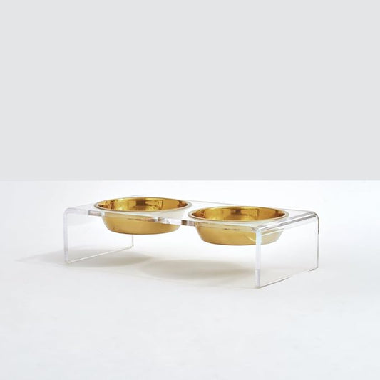 Hiddin Double Elevated Dog Bowl Stand for Small or Medium Dogs, All Breeds, Clear Acrylic 3.5 Inch Raised Dog Bowl Stand with Two Gold Stainless Steel Bowls for Food and Water - 1.5 Cups Each Dish