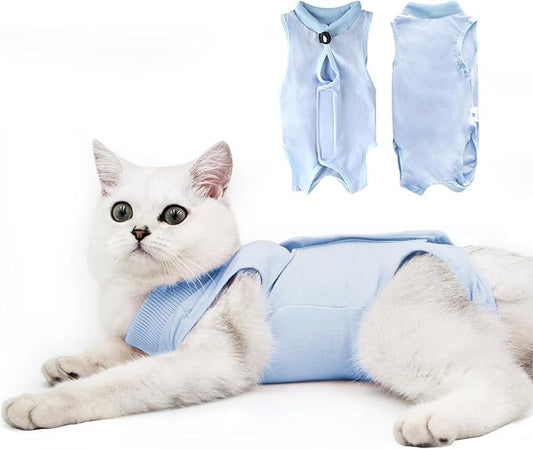 Cat Recovery Suit for Male and Female Surgical Post Surgery Soft Cone Onesie Shirt Clothes Neuter Licking Protective Diapers Outfit Cover Kitten Spay Collar(S, Blue)