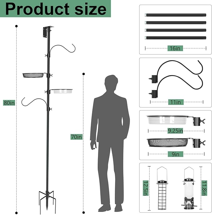 ERYTLLY 2-Hooks Bird House Pole Stand Kit 80 Inch Multi Feeders, Bird Bath, Feeder Tray - Heavy Duty Bluebird Feeder Support Rod Mount Set for Outdoor
