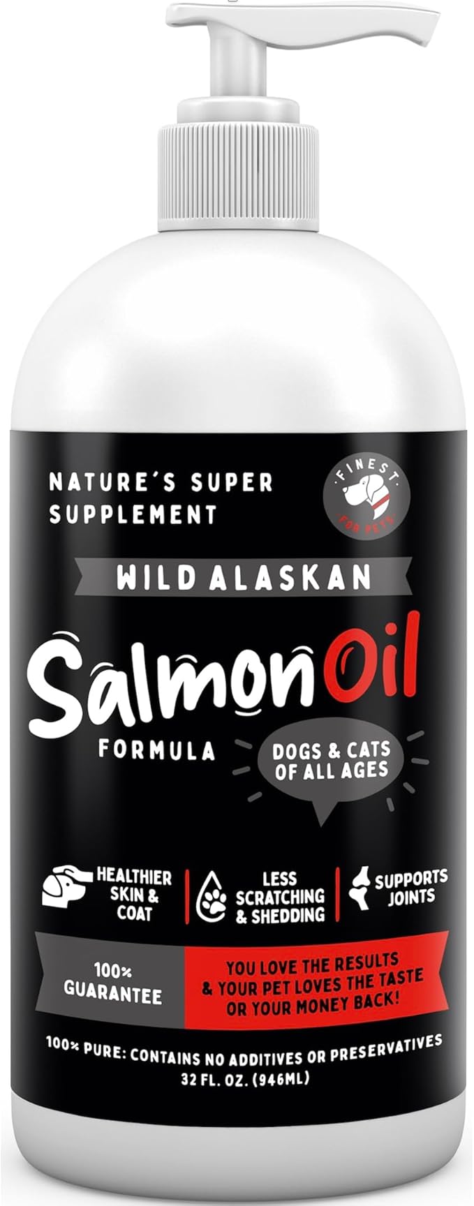 Finest For Pets Wild Alaskan Salmon Oil for Dogs & Cats - Omega 3 Fish Oil with Pollock & Salmon for Sensitive Skin & Coat Health. EPA & DHA Ease Itching, Supports Joint, Immune & Heart Health (32oz)