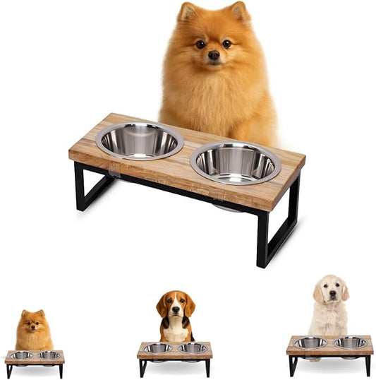 Elevated Dog Bowls, Small 4 Height Mango Wood Raised Dog Bowl Iron Stand with 2 Pcs 16oz Stainless Steel Pet Dishes | Food & Water 2Cup/0.47L Capacity Nonslip Cats Feeding Station