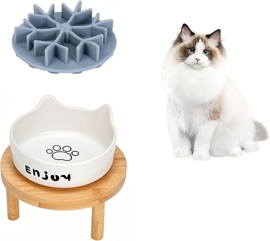 3PCS Elevated Cat Bowls,Wide Raised Ceramic Pet Dishes with Bamboo Stand, Whisker Friendly Pet Water or Food Plates Feeding Station for Indoor Small Dogs, Kitten (White(1PCS))