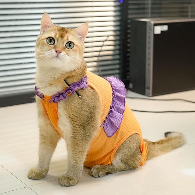 Cat Recovery Suit,Kitten Onesie After Surgery,E-Collar Alternative for Abdominal Wound and Skin Diseases,Soft Breathable Bodysuit After Spay（Orange-l）