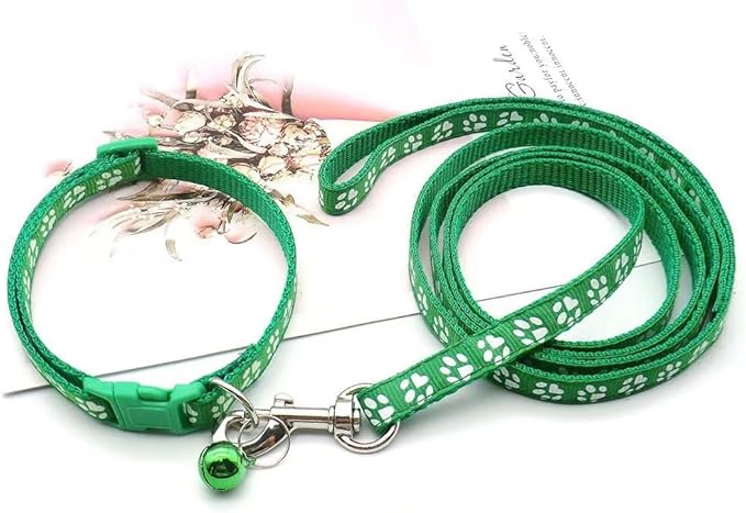 Dog Collar Puppy with Bell Leash Set,Nylon Basic Reflective Paw Print Cat Collars Boy for XXS Xs Small Pet Animal Litter Tiny Kitten,Dark Green