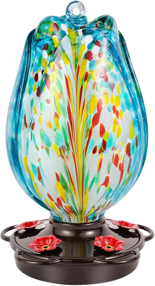 Tulip Shaped Glass Hummingbird Feeders for Outdoors - 36 Oz Hummingbird Feeder - Humming Bird feeders for Outdoors Hanging