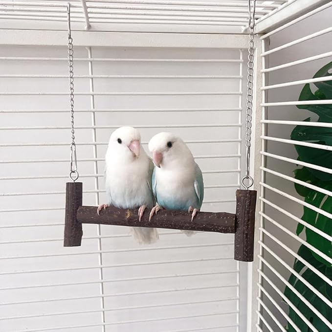 Natural Wood Parakeet Swing Toy, Cockatiel, Lovebird, Budgie Wooden Perch Stand, Small and Medium Bird Cage Accessories (Large)