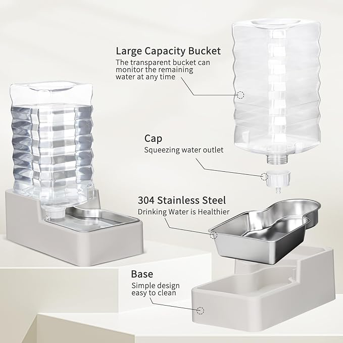 RIZZARI Stainless Steel Pet Water Feeder: 9.5L Beige Automatic Leak-Proof Gravity Dispenser - Without Filter - for 40-80 LB Senior Dogs with Arthritis - Garage Kitchen Use