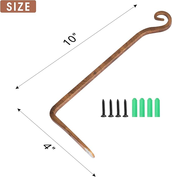 Jardim 2 Pack 10 Inch Premium Decorative Metal Iron Wall Hangers for Home Decor, Indoor Outdoor Plant Bracket Rustic Hanging Gardening Hooks for Planters, Bird Feeders, Lanterns, Wind Chimes (Coffee)