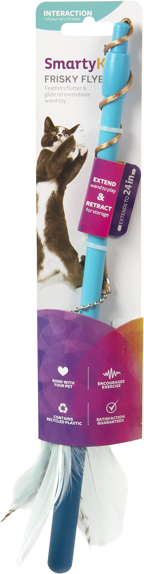 SmartyKat Frisky Flyer Feather Wand Cat Toy, Extendable Up to 24" - Blue, One Size