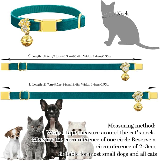 Personalized Breakaway Cat Collars - Magnetic Buckle, Bell - Safety Quick Release, Customized for Girls & Boys Cats- (Velvet-Green)