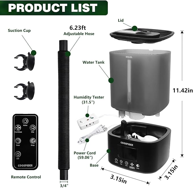 Coospider 5L Reptile Fogger Humidifier, Automatic Humidifiers for Reptiles Tank, Terrarium Humidifiers with Timer and Humidity Control, Reptile Misting System for Reptiles Amphibians Herps Vivarium