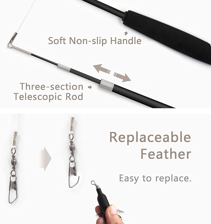 SONGWAY Interactive Cat Feather Toy Set - Retractable Teaser Wand with 6 Pcs Feather Refills with Bell, Cat Wand Toys for Indoor Cats Kittens Play Chase Exercise, Black