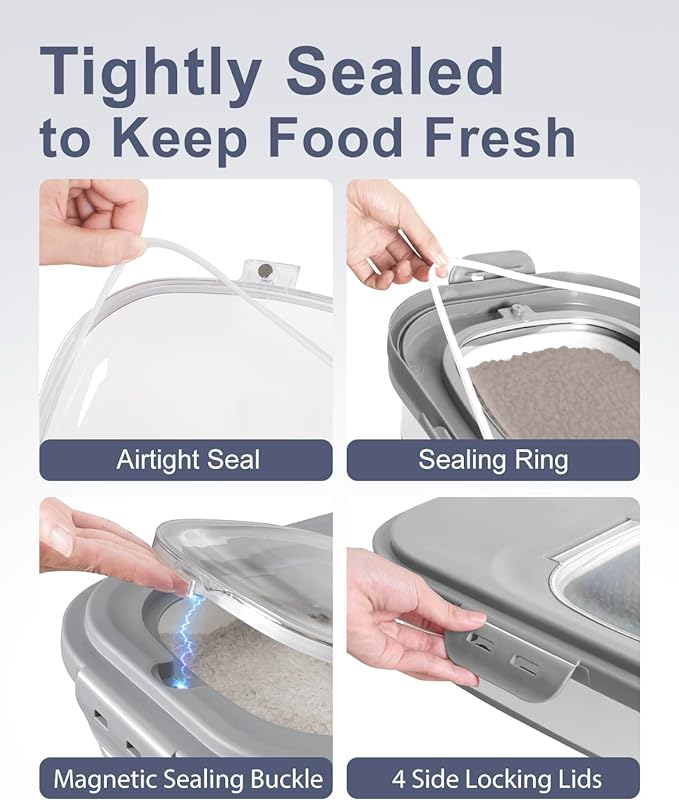 20-30 Lbs Rice Storage Container,Collapsible Food Storage Containers with Rolling Wheel Airtight Locking Lid,Flour Storage Container with Cup and Scoop,Suitable for Food,Rice,Pet Food,Flour